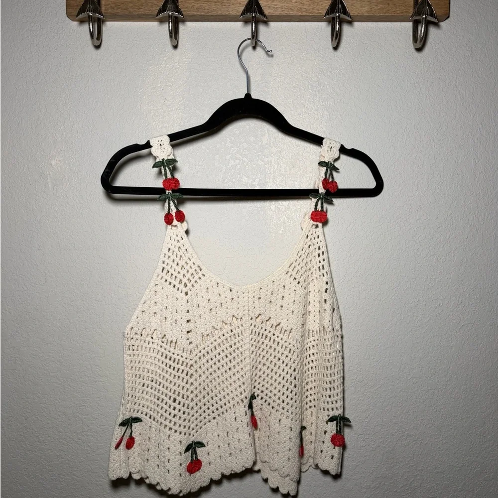 Rebellion Cream Crochet Camisole with Red Cherry Accents - Picture 1 of 5